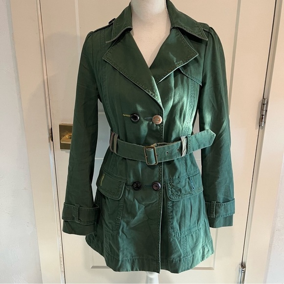 Anthropologie ETT TWA Olive Green Whimsical Fun Hand Sewn Trench Coat Sm - Picture 1 of 16